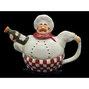 Vtg Davco Silver Lt Ceramic Fat  Chef  Wairer Decorative Teapot Hold Wine Bottle